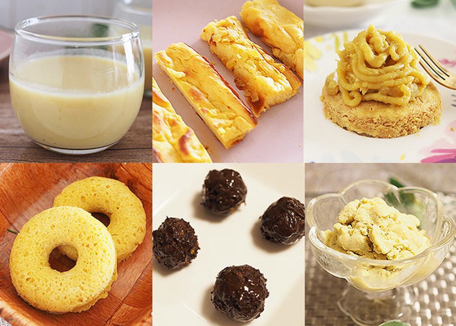 음료와 구움과자, 디저트 형태의 음식들이 한 화면에 모여 있는 모습으로, 당뇨 관리 시 주의가 필요한 고당질·고혈당지수 음식 예시를 보여주는 이미지.