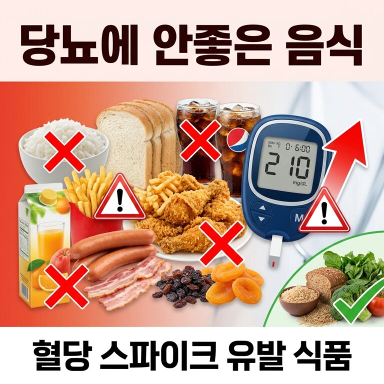 당뇨에 안좋은 음식 이미지, 혈당 스파이크를 급격히 올리는 흰쌀밥 과일주스 탄산음료 튀김 가공육 말린 과일 등 당뇨 관리 시 피해야 할 식품 가이드 건강 정보 썸네일