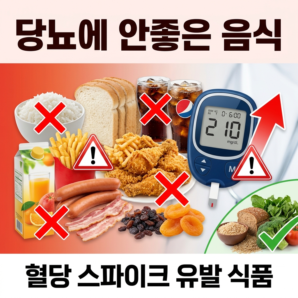 당뇨에 안좋은 음식 이미지, 혈당 스파이크를 급격히 올리는 흰쌀밥 과일주스 탄산음료 튀김 가공육 말린 과일 등 당뇨 관리 시 피해야 할 식품 가이드 건강 정보 썸네일