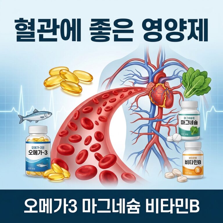 혈관에 좋은 영양제 이미지, 혈관 건강에 도움되는 오메가3 마그네슘 비타민B 코엔자임Q10 등 영양제 성분과 선택 가이드 건강 정보 썸네일