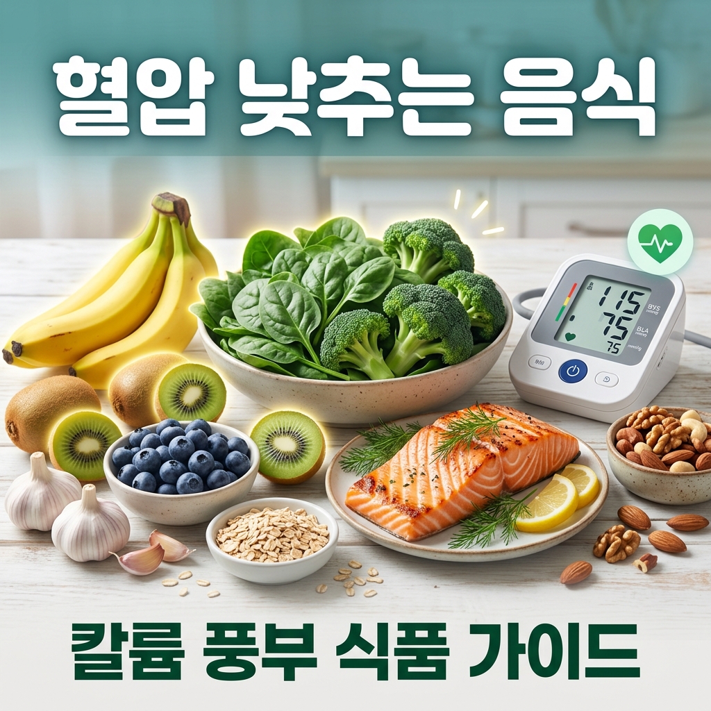 혈압 낮추는 음식 이미지, 고혈압 관리에 도움되는 칼륨 풍부한 시금치 연어 바나나 키위 베리류 브로콜리 마늘 등 식품 가이드 건강 정보 썸네일